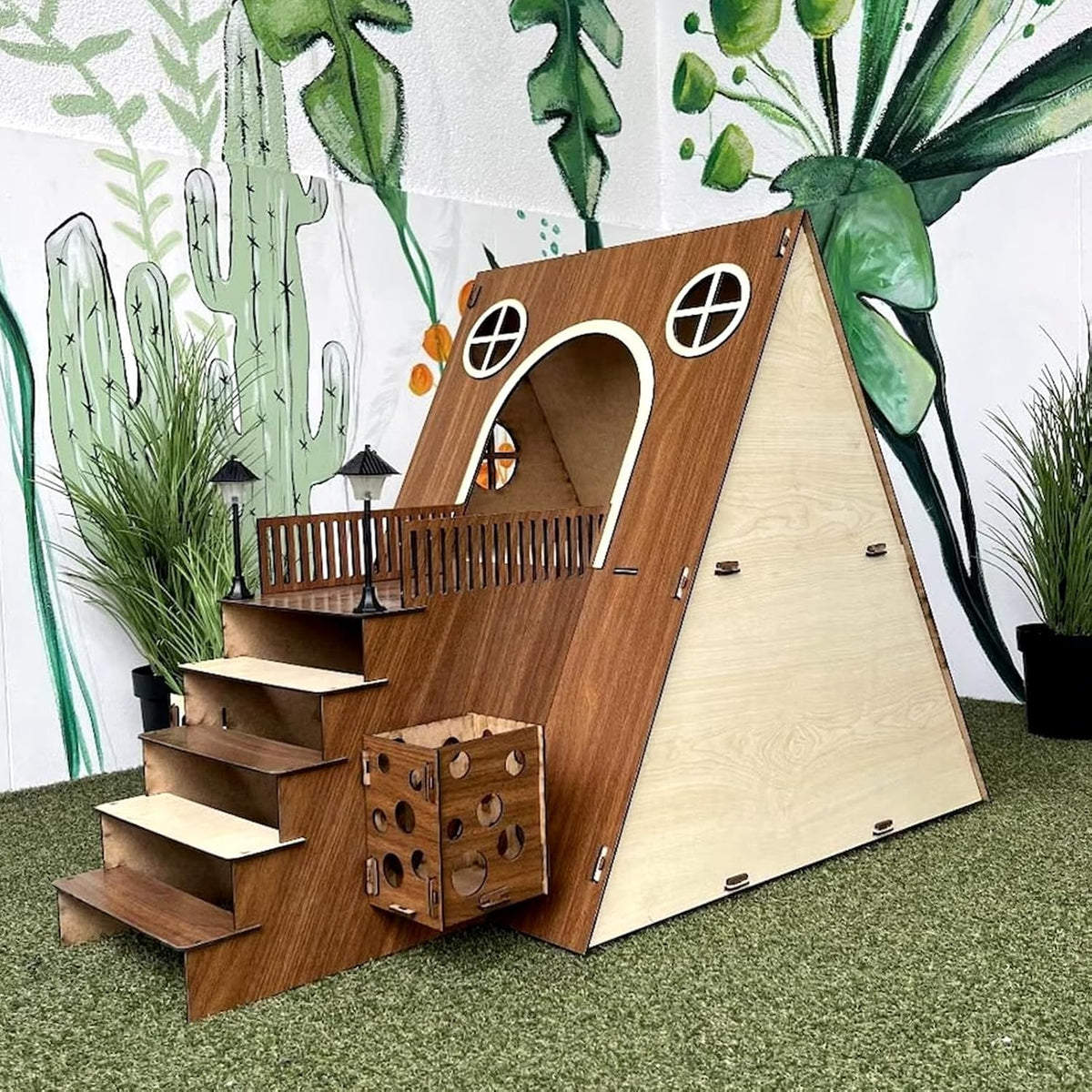 Large Modern Wooden Rabbit Castle House Hutch - Bunny Hideout Indoor Habitats - Pet 2-Story Home