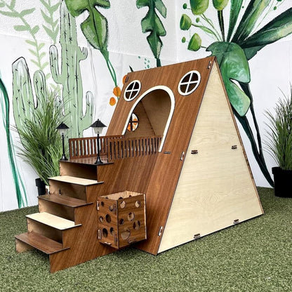Large Modern Wooden Rabbit Castle House Hutch - Bunny Hideout Indoor Habitats - Pet 2-Story Home