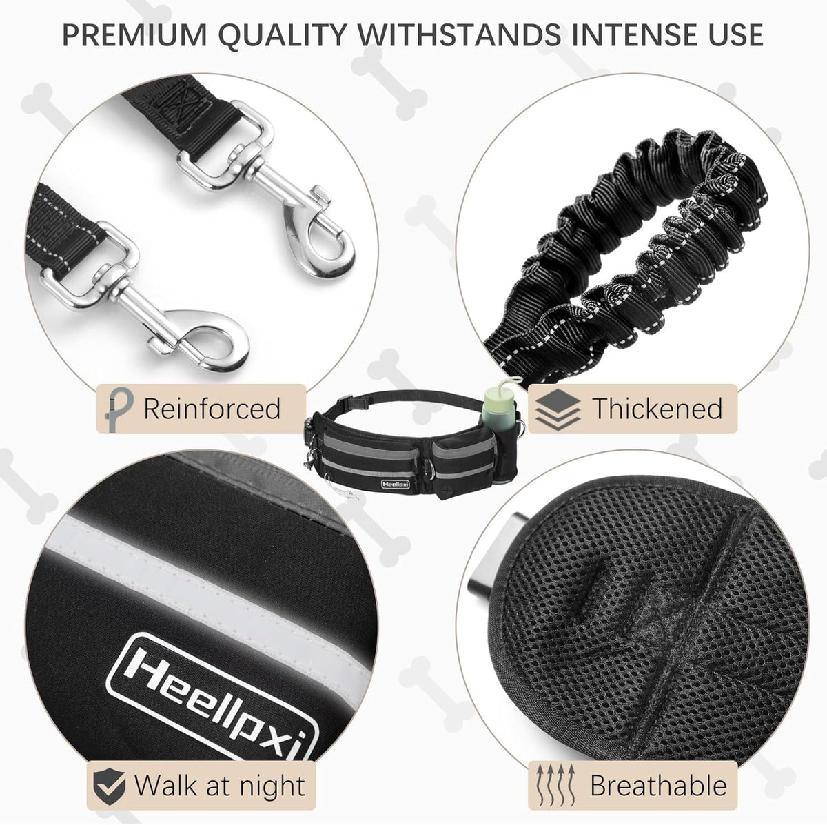 Hands-Free Dog Leash With Pouch, Waist Attachment for Walking Two Dogs, Reflective Stitching, Dual