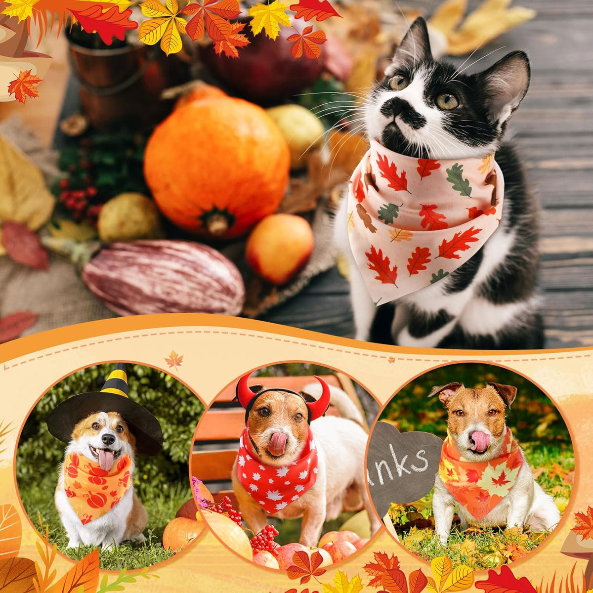 Weewooday 50 Pcs Fall Dog Bandanas Bulk Pumpkin Maple Leaves Thanksgiving Autumn Bandanas for Bibs