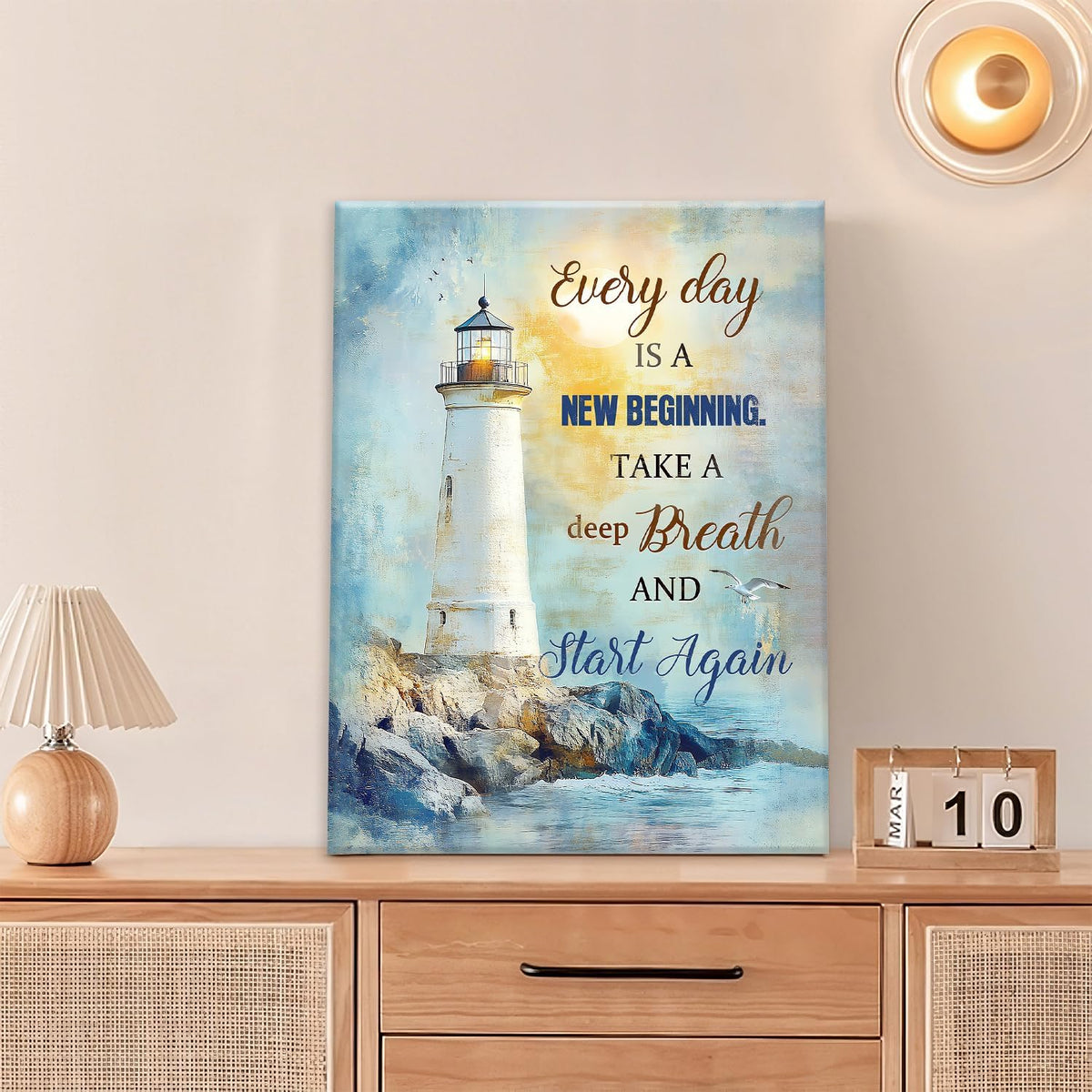Ocean Lighthouse Pictures Wall Art, Coastal Nautical Bathroom Wall Decor Every Day is a New