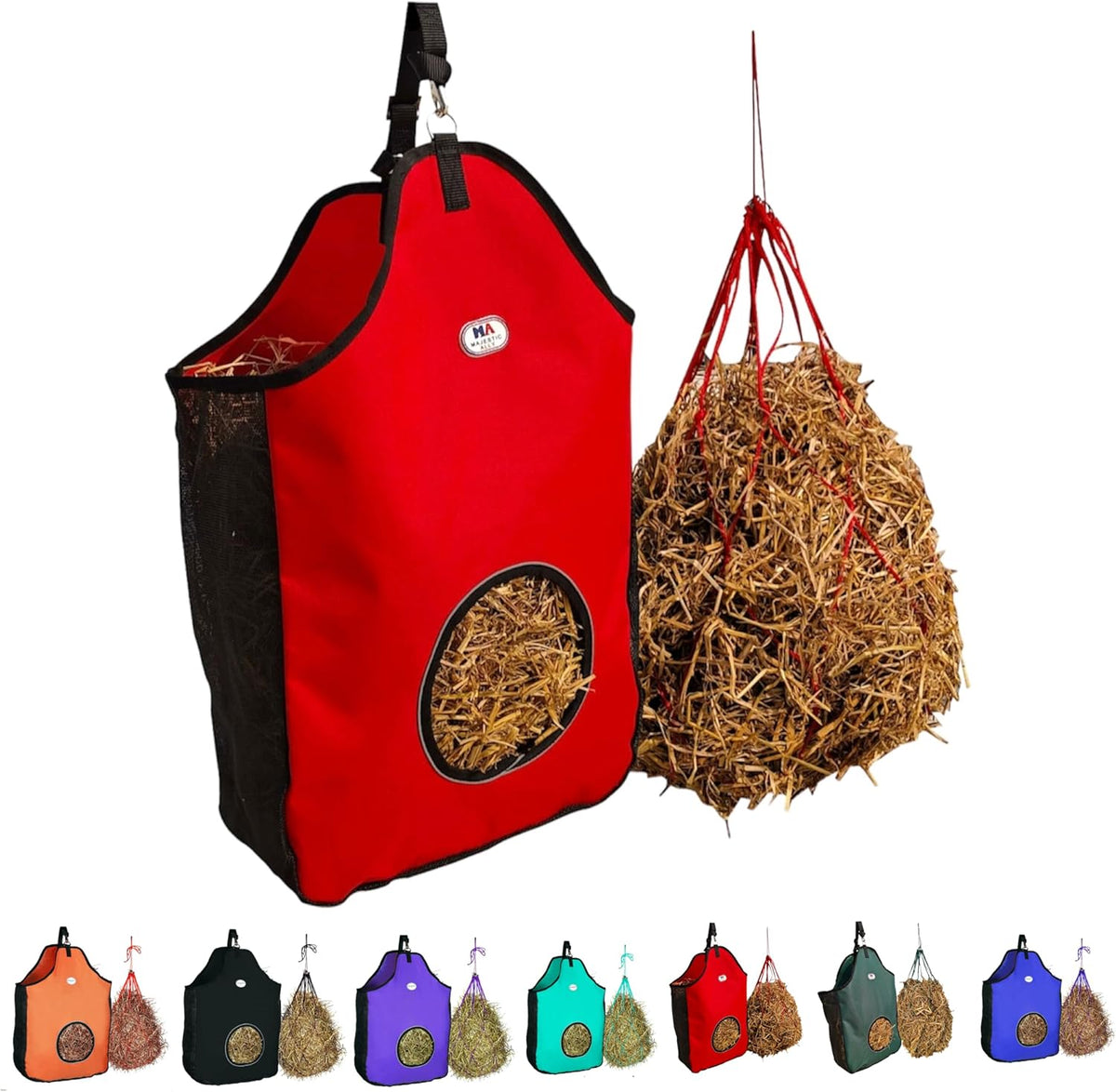 Majestic Ally 1200 D Hay Feeder Tote Bag for Horses, Sheep with Reflective Trim- Reduces Waste