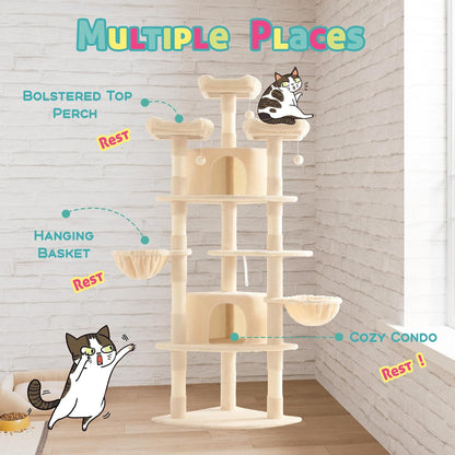 SHA CERLIN 73in Fan-Shaped Corner Cat Tower for Save Space/Multi-Level Tall Cat Tree for Indoor