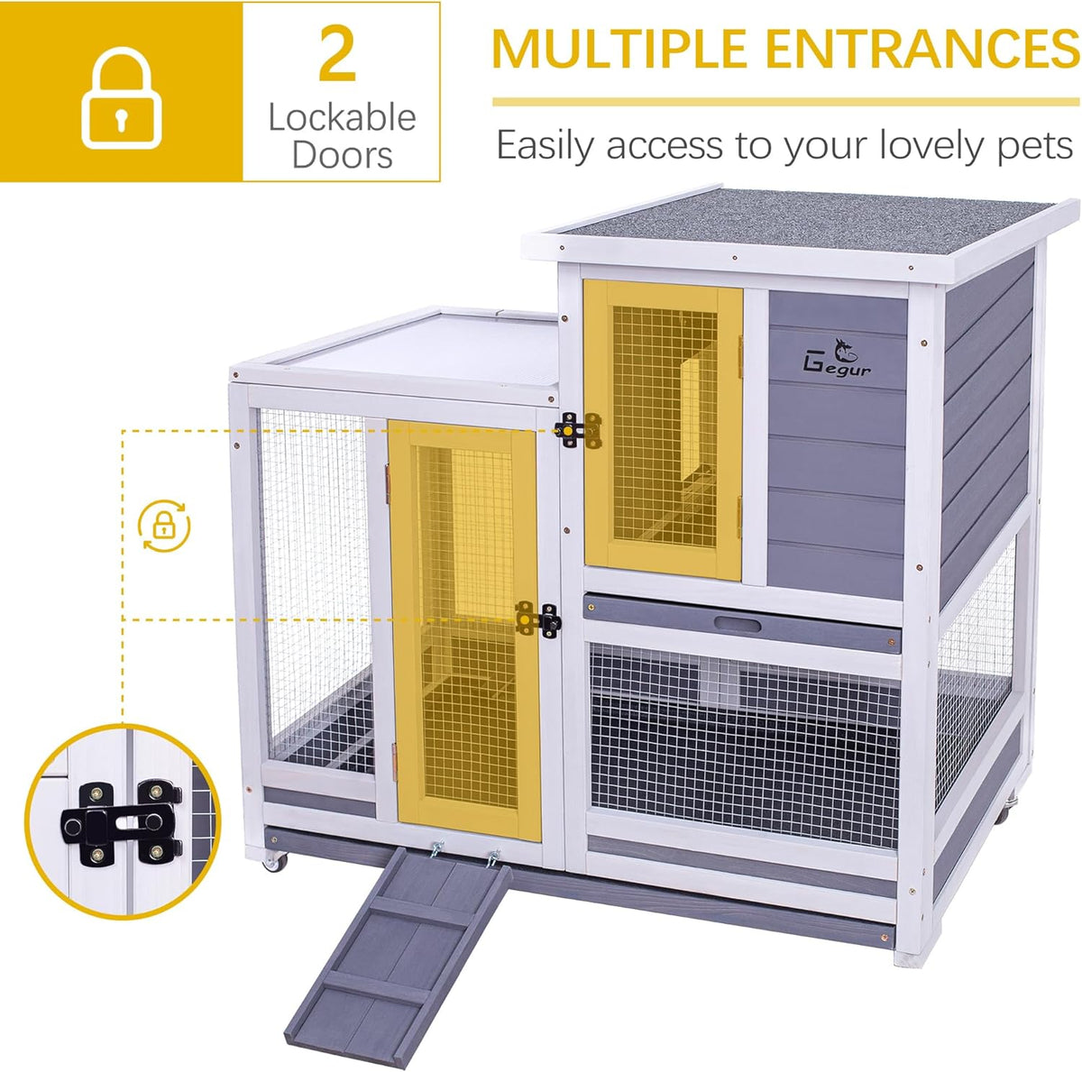 GEGURI Rabbit Hutch, Two-Story Indoor Bunny Cage, Outdoor Guinea Pig Cages for Small Animals with