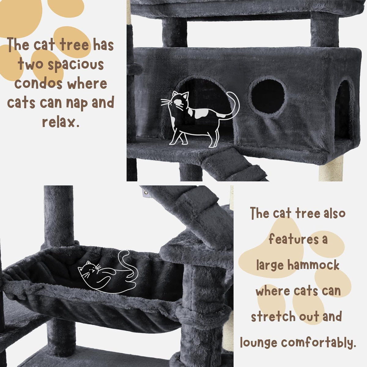 Cat Tree, 80-Inch Large Cat Tower with 9 Scratching Posts, 2 Perches, 2 Caves, 2 Basket, 2 Stairs