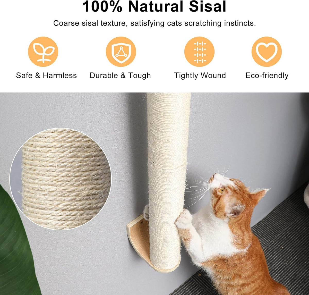 FUKUMARU Cat Wall Scratcher, 28" Wall Mounted Kitten Scratching Post, Sturdy Sisal Climbing Tree