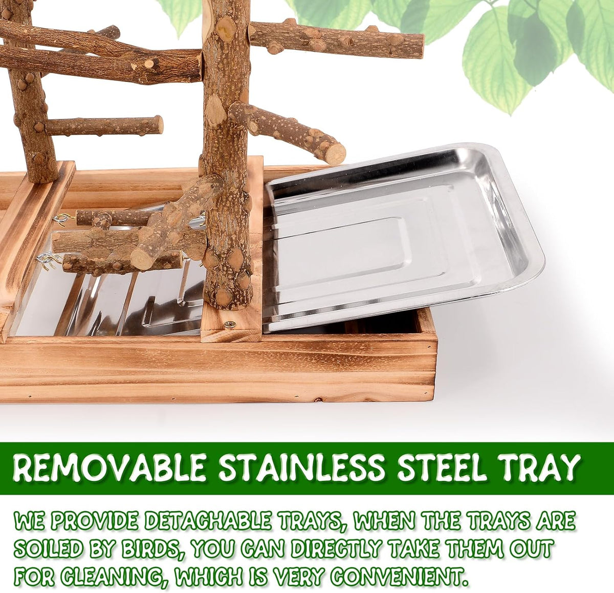 Bird Playground - Natural Wood Bird Perch Stand with Removable Tray and 2 Stainless Steel Cups