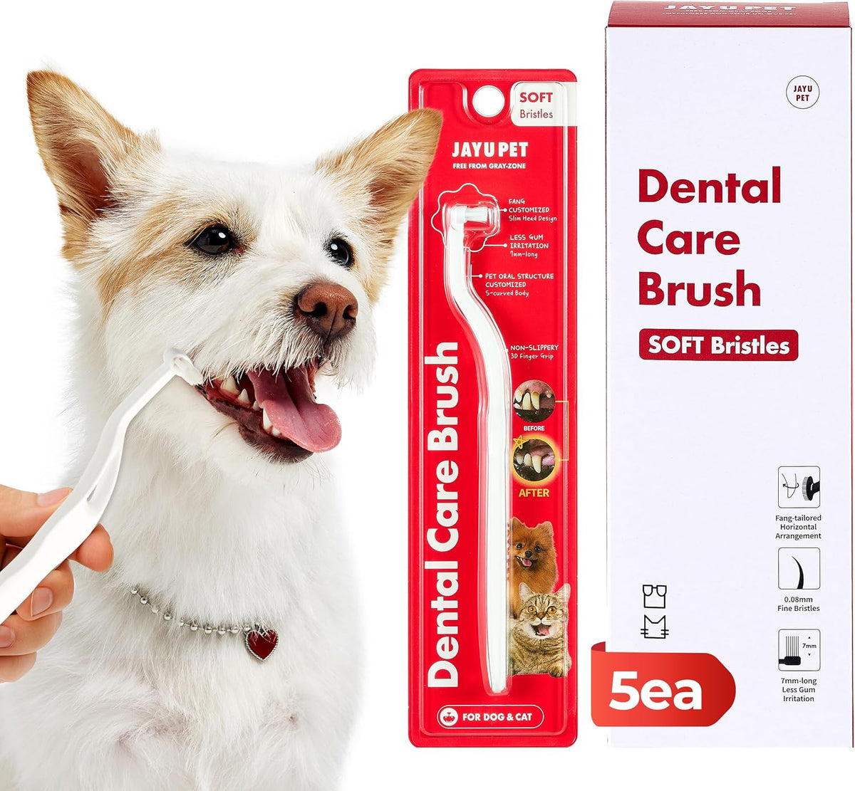 JAYU PET Dental Care Brush (Soft Bristles) 5ea - Dog Toothbrush, Cat Toothbrush, Dental Care for