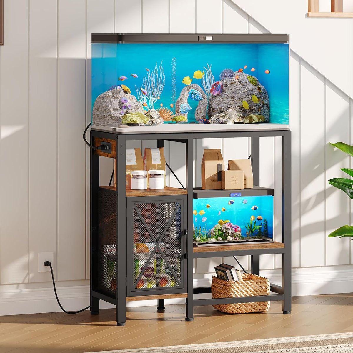 20-37 Gallon Fish Tank Stand, Aquarium Stand with Power Outlet and Storage Cabinet, Heavy Duty Tank