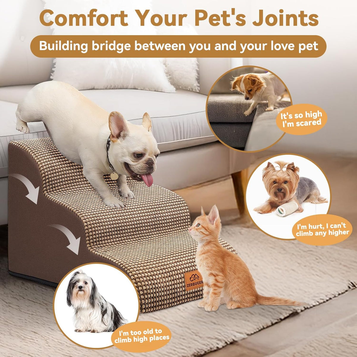 Dog Ramp and Stair for Bed 16" H-20 H,3-Step Cat Stair for Sofa and Chair,4-Step Dog Ramp for High