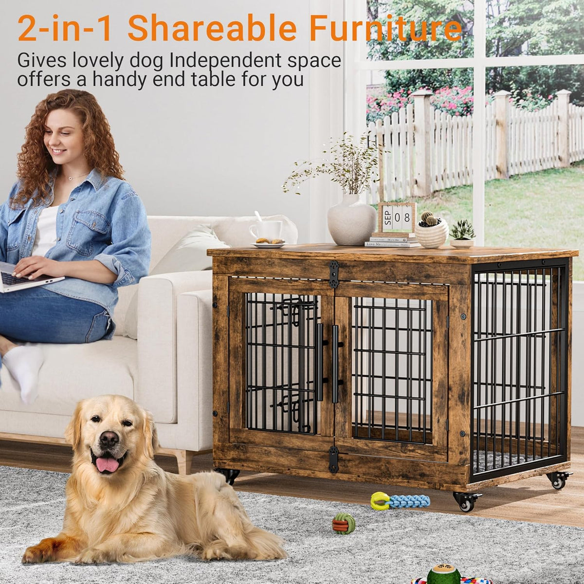 Lulive Dog Crate Furniture Set of 2, Dog Kennel Indoor Double Doors Wooden Dog Cage, 32'' Heavy