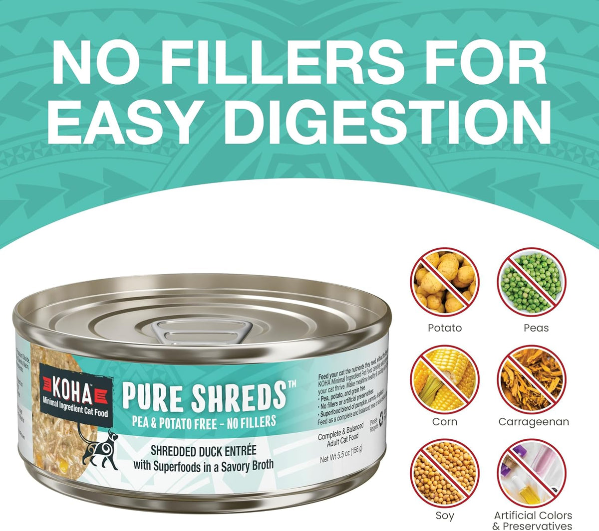 KOHA Pure Shreds Duck Entrée for Cats, Single Meat High Protein Wet Cat Food, 5.5oz Cans (Pack of