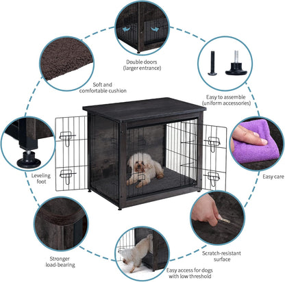 DWANTON Dog Crate Furniture with Cushion, Wooden Kennel Table with Double Doors, Indoor Dog House