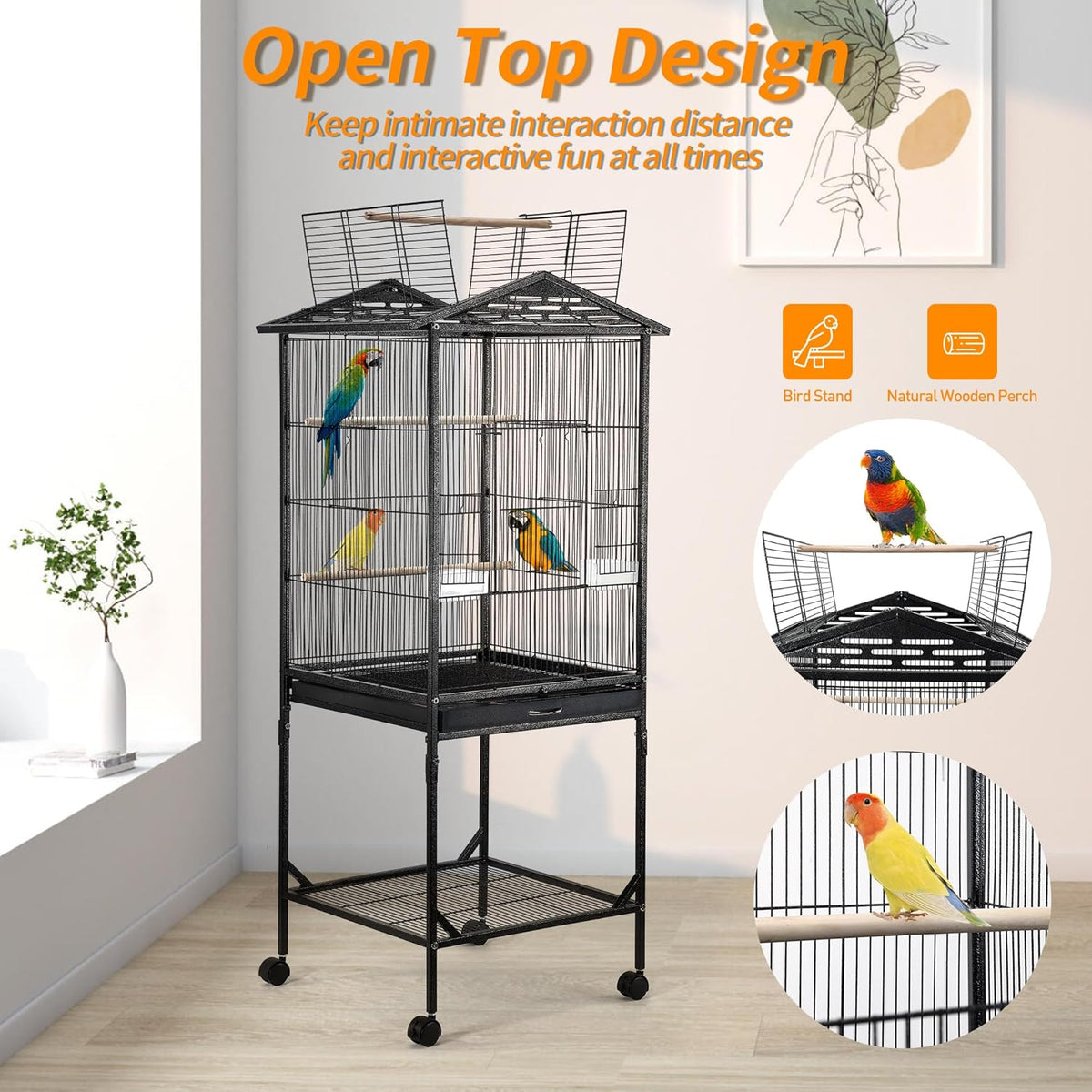 Bird Cage 47 inch Wrought Iron Parakeets Cage with Play Open Top and Rolling Stand Medium Small