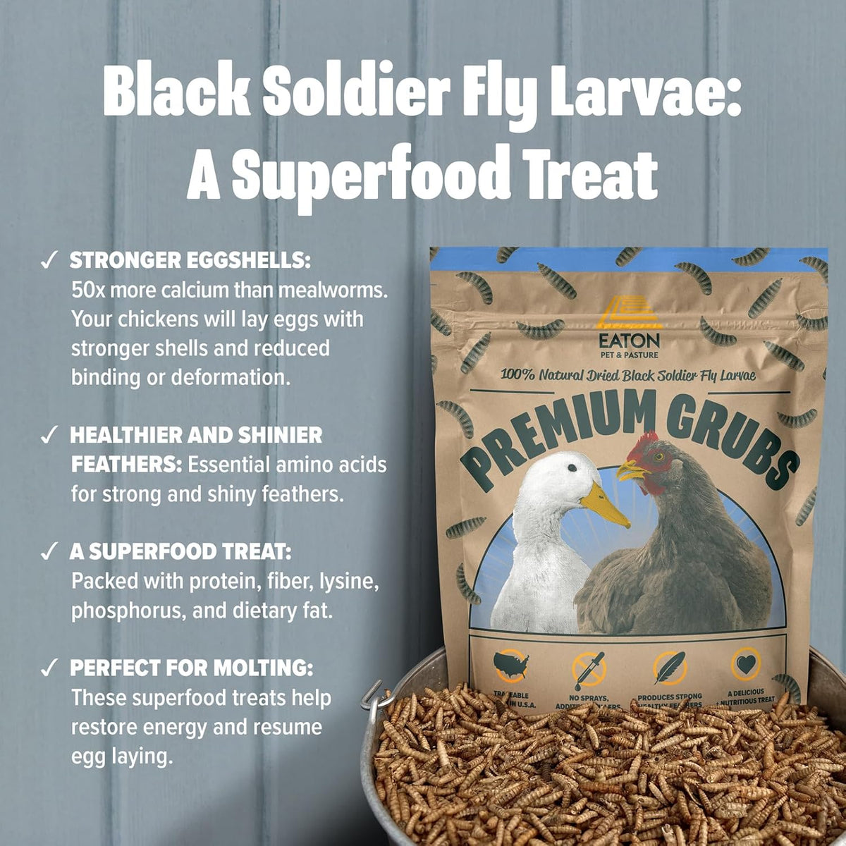 Eaton Pet and Pasture Premium Grubs, USA Grown Dried Black Soldier Fly Larvae, High Calcium Treat