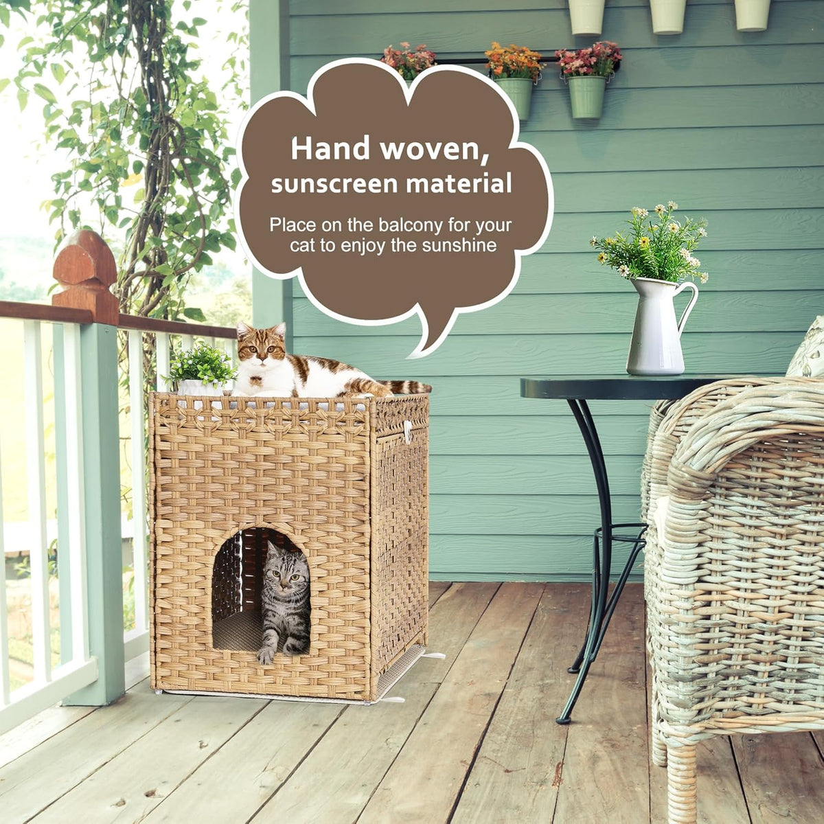 Cat Litter Box Enclosure with Soft Litter Mat; Hidden Cat Washroom Furniture with Door; Handwoven
