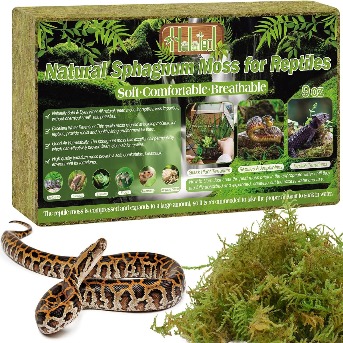 Halatool 9OZ Natural Sphagnum Moss for Reptiles- 14QT Green Live Moss for Terrarium Plants Long