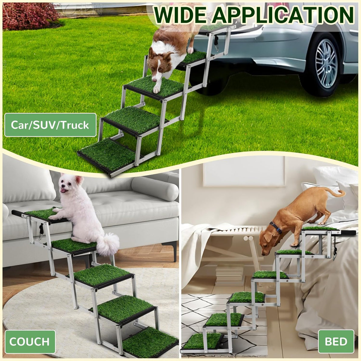 Dog Stairs for Car, Portable Folding Dog Ramps,Dog Steps for Large Dogs with Non-Slip Grass Rug for