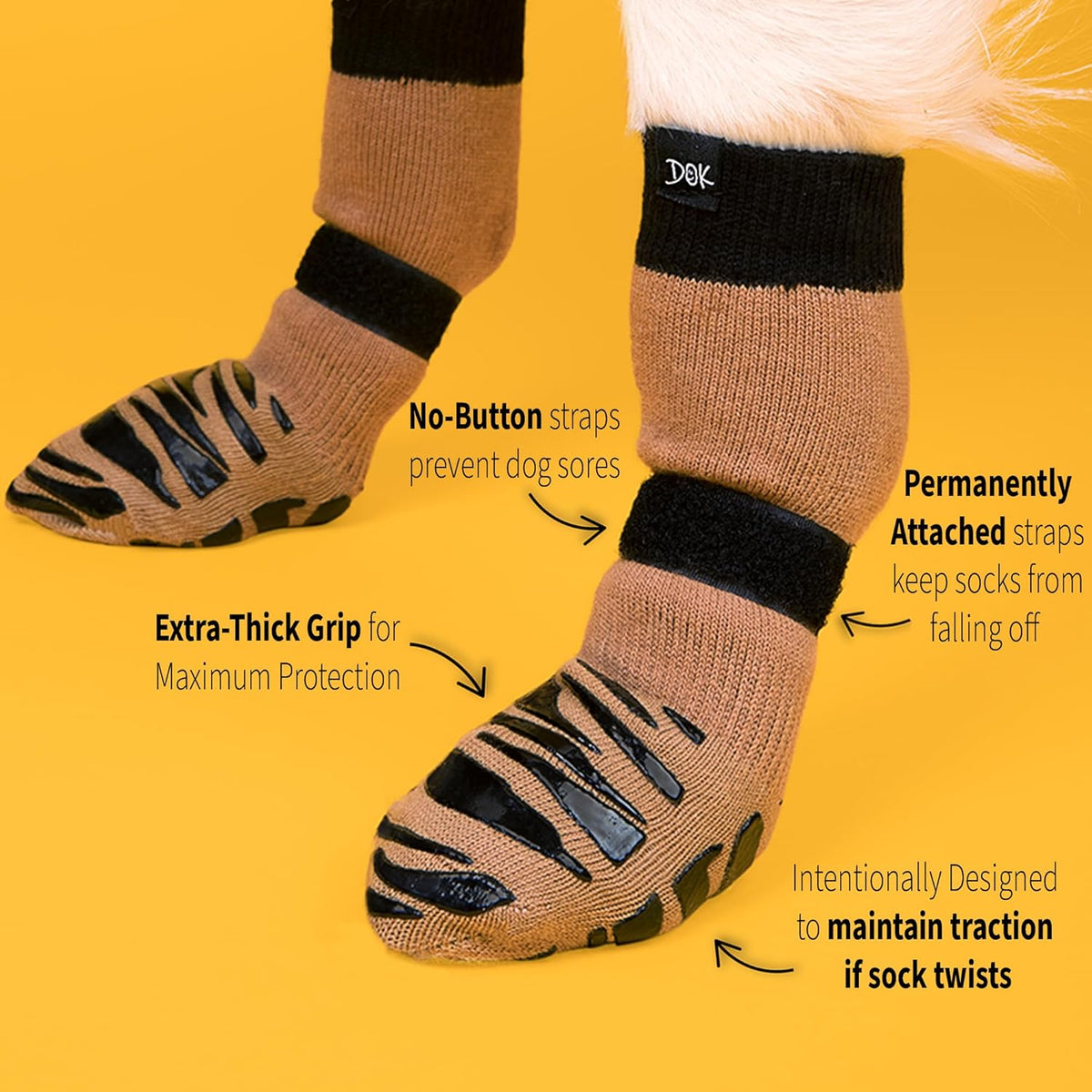 DOK TigerToes Premium Non-Slip Dog Socks for Hardwood Floors - Extra-Thick Grip That Works Even