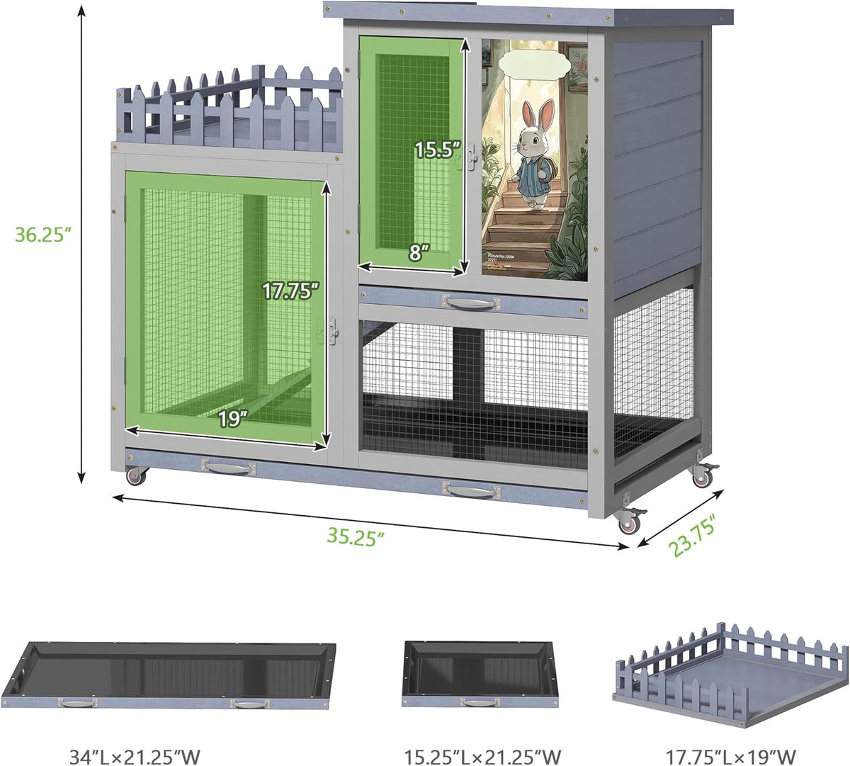 Wood Rabbit Hutch with Balcony - Small Animal House Bunny Cage on Wheels for Indoor Outdoor, Rabbit