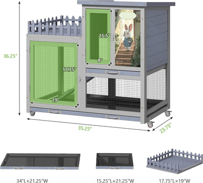 Wood Rabbit Hutch with Balcony - Small Animal House Bunny Cage on Wheels for Indoor Outdoor, Rabbit
