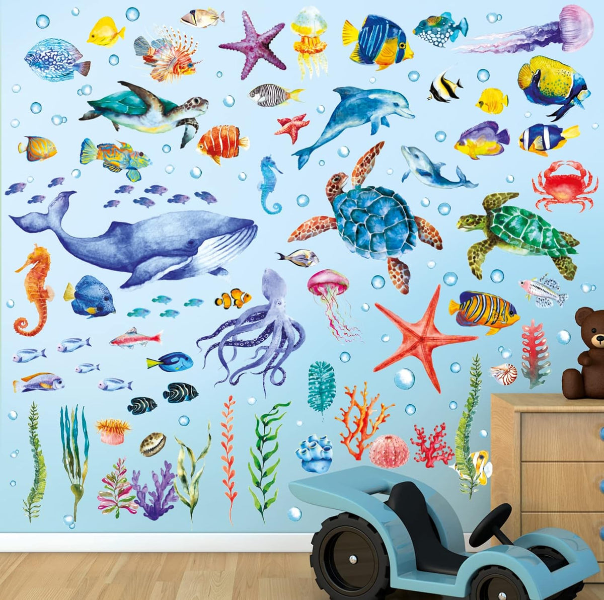 BASHOM DS12-8048 128 Pieces Under The Sea Wall Decals Ocean Fish Stickers Turtle Jellyfish Seaweed