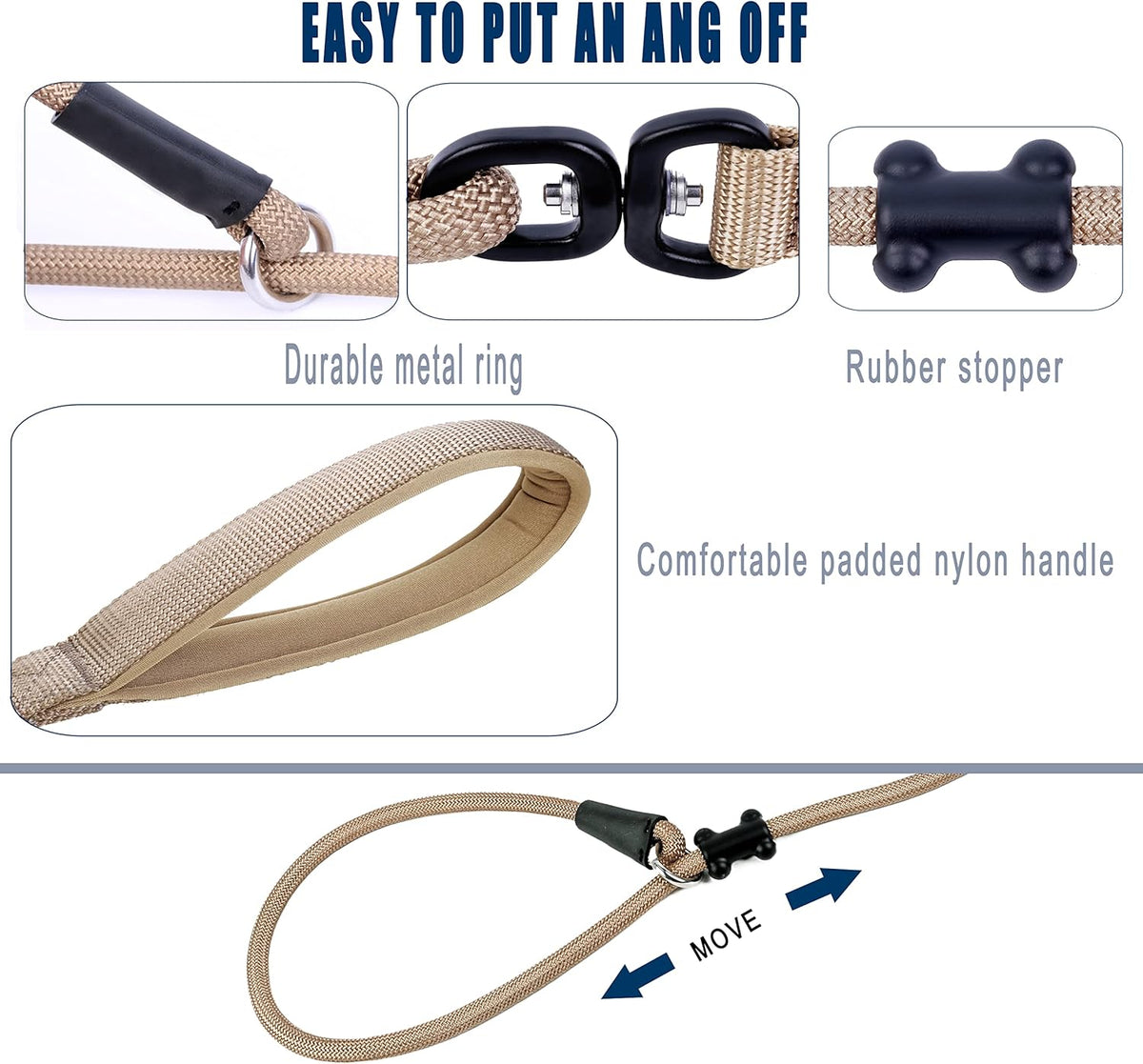 Slip Lead Dog Leash，Strong Nylon Rope Leash and Padded Handle,No Pull Outdoor Walking Training Lead