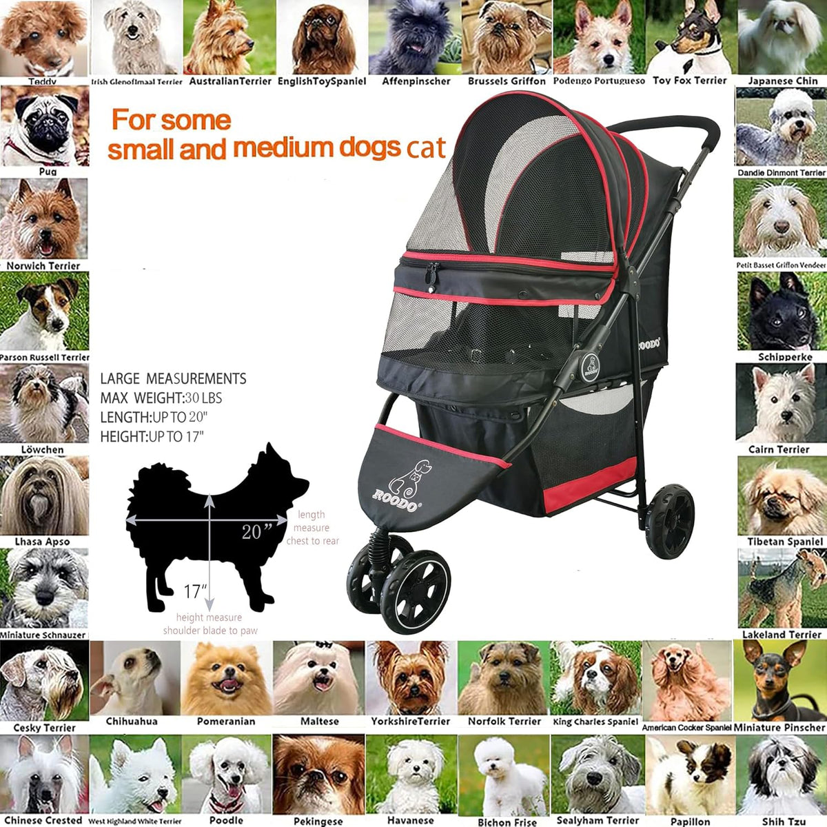 ROODO Escort 3 Wheel Dog Cat Pet Stroller for Small/Medium Dogs Cats Best Lightweight Foldable