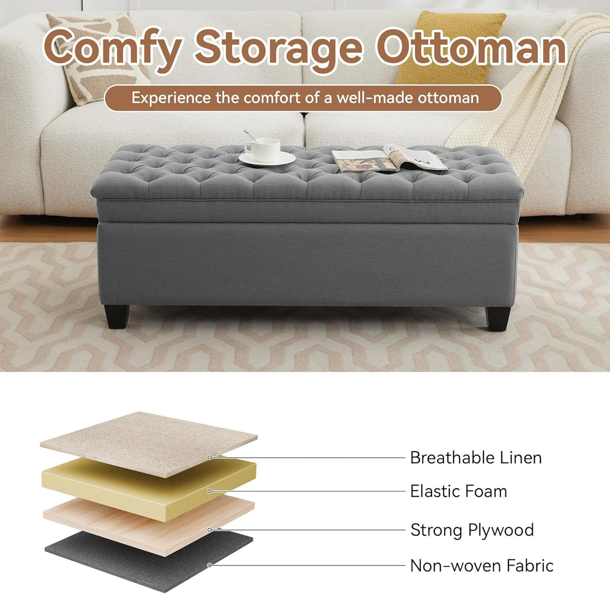 51" Fabric Storage Ottoman Bench, Upholstered Rectangle End of Bed Storage Ottoman Tufted Living