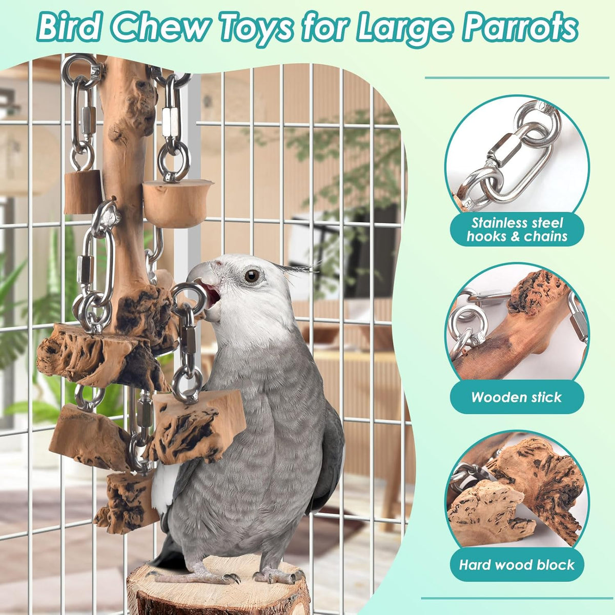 Bird Toys for Parrots, Durable Wooden Large Birds Toy with Stainless Steel, Hanging Natural Chew
