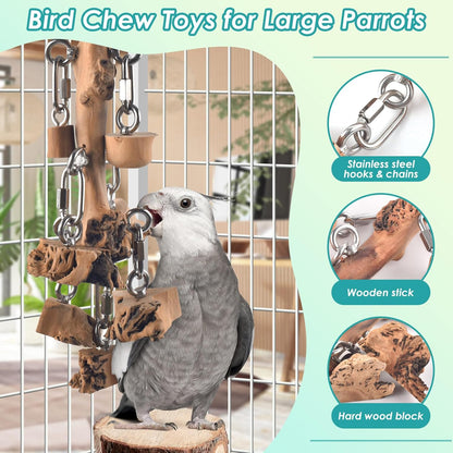 Bird Toys for Parrots, Durable Wooden Large Birds Toy with Stainless Steel, Hanging Natural Chew