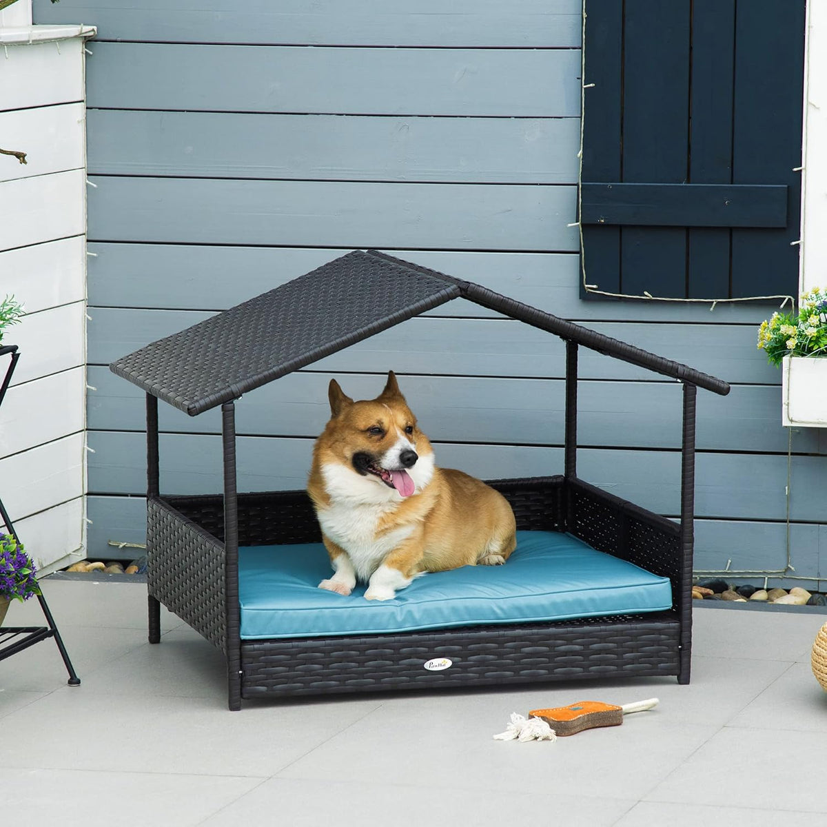 PawHut Wicker Dog House Outdoor with Canopy, Rattan Dog Bed with Water-Resistant Cushion, Raised