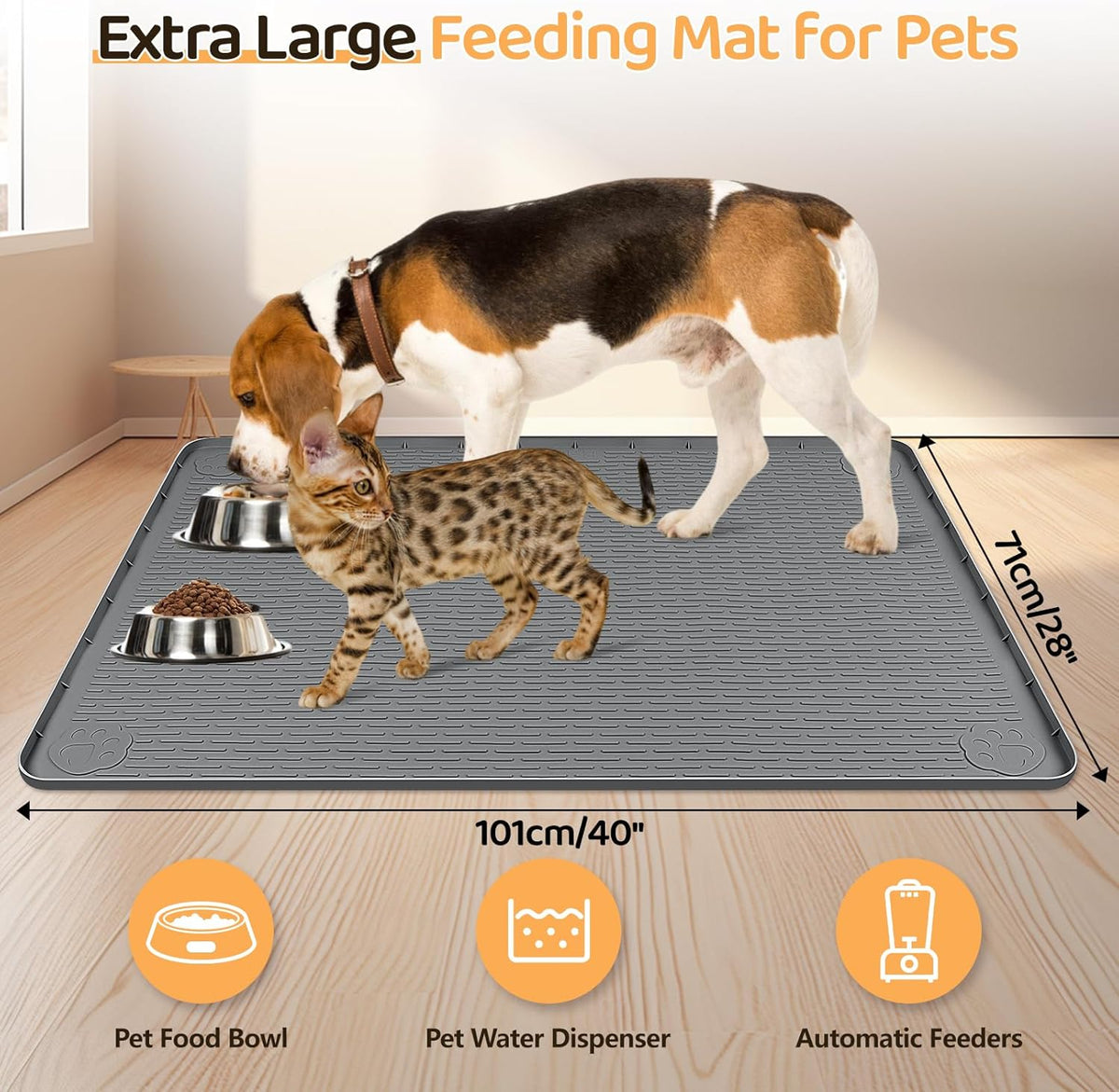 Dog Food Mat, Extra Large 40" x 28" Silicone Pet Feeding Mat with Raised Edge Pet Placemat for