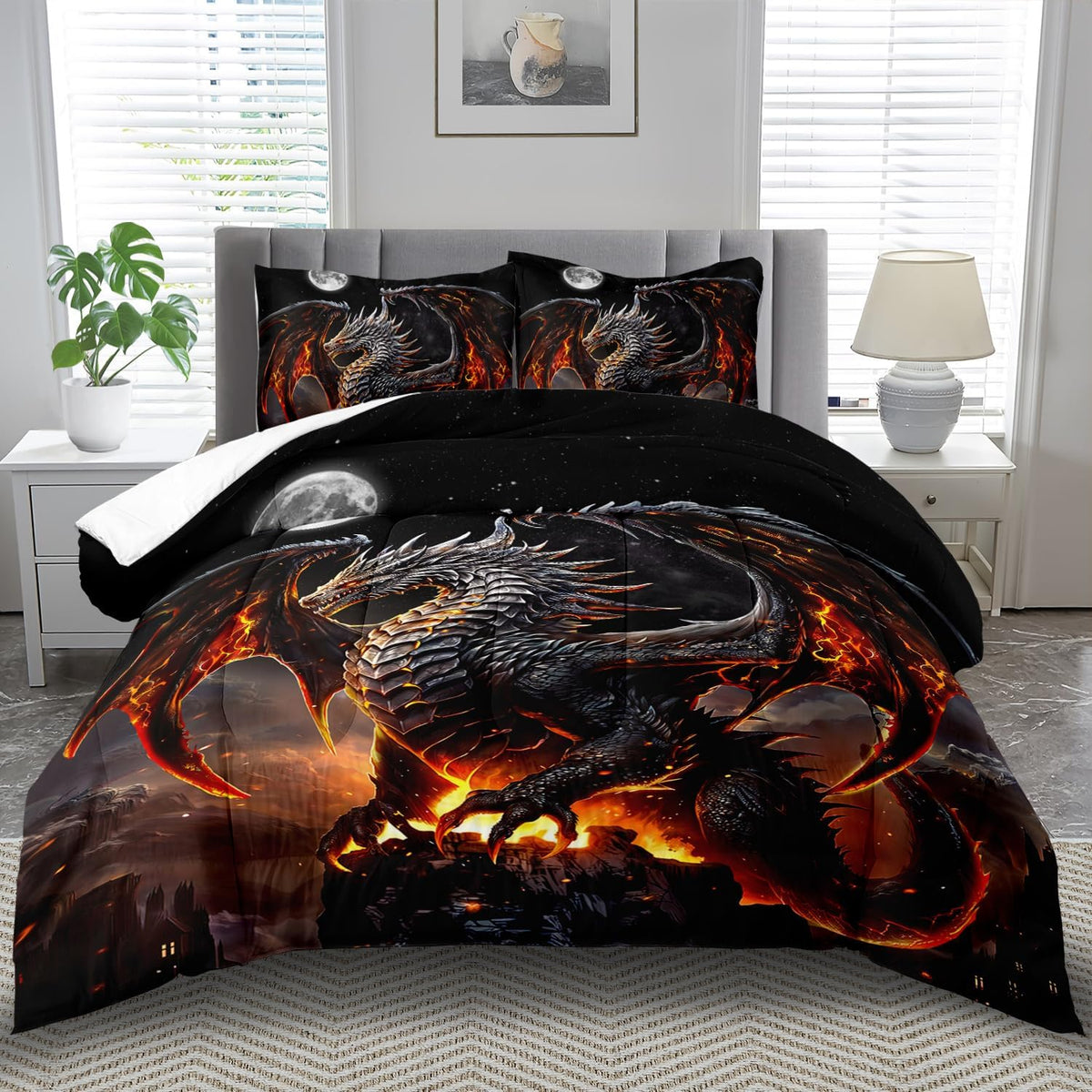Black Dragon Comforter Set Queen Adult,Flame Dragon Bedding Set for Boys,Magical Beast Bedding