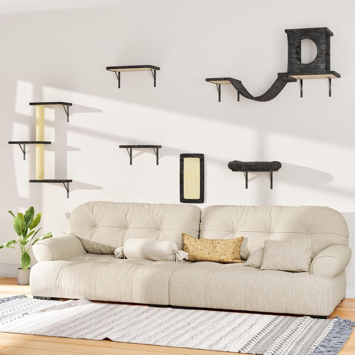 NUNU LAB Wall Mounted Cat Furniture, 6 Pcs Cat Wall Shelves with Condo House, Bridge, Steps