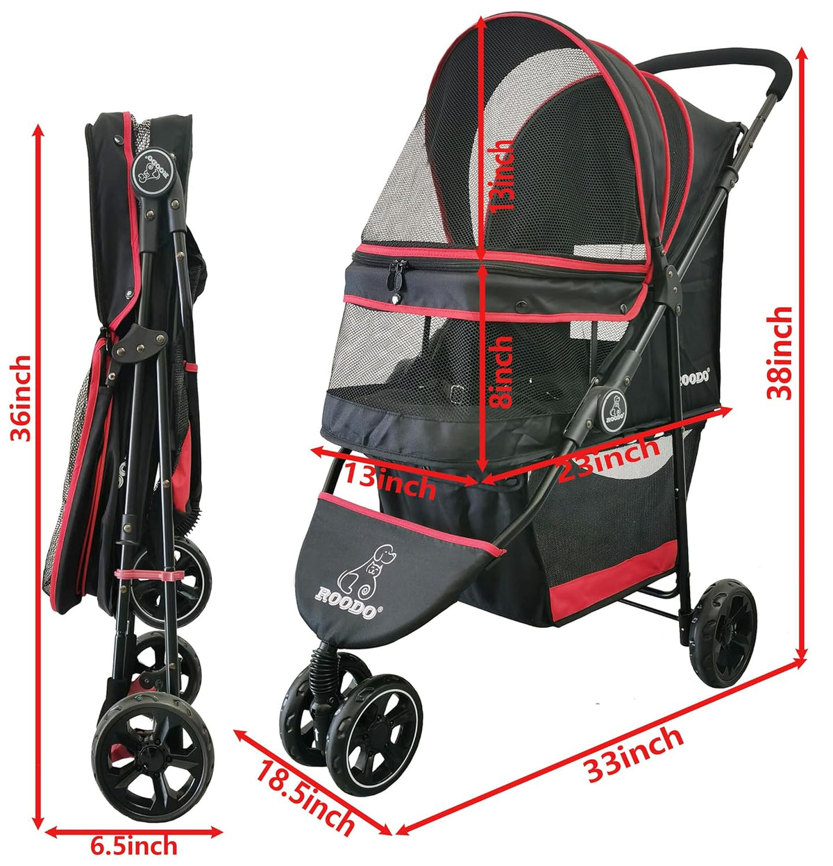 ROODO Escort 3 Wheel Dog Cat Pet Stroller for Small/Medium Dogs Cats Best Lightweight Foldable