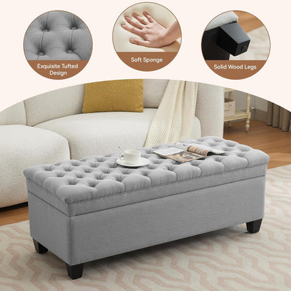 51" Fabric Storage Ottoman Bench, Upholstered Rectangle End of Bed Storage Ottoman Tufted Living