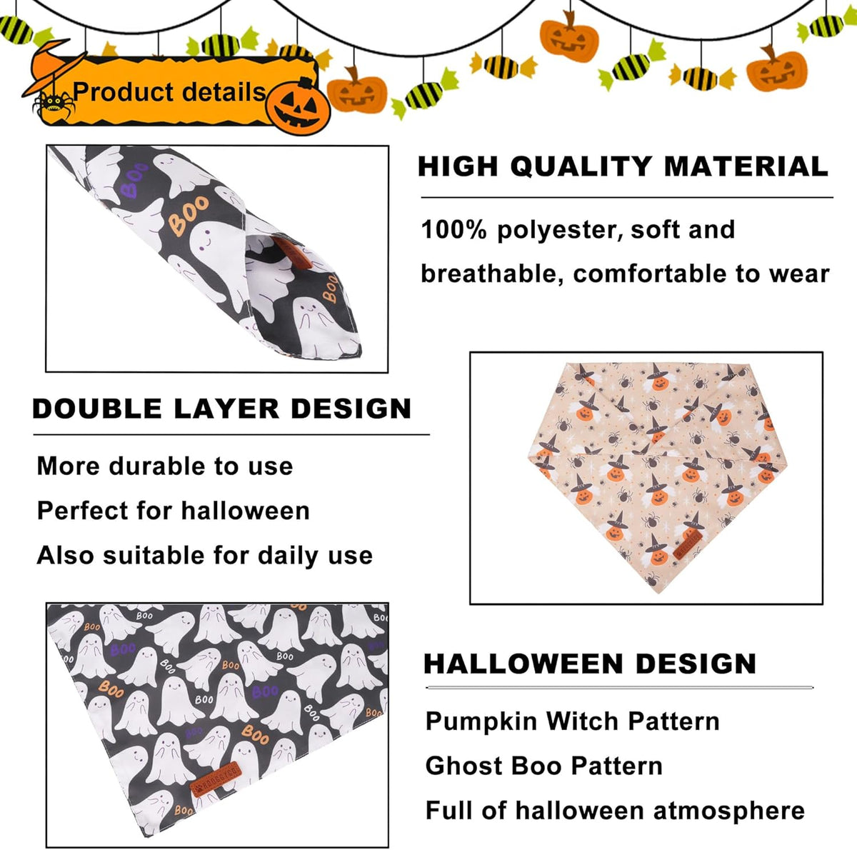 ADOGGYGO Halloween Dog Bandanas, Ghost Pumpkin Witch Scarf, Multi Size, Black Orange Halloween