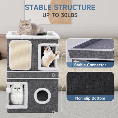 2-Storey Cat House for Indoor Cats, Separate Into 2 Large Cat Bed Cave with Hideaway Condos