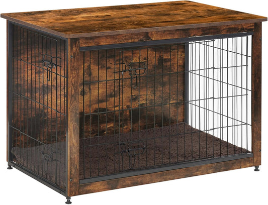 DWANTON Dog Crate Furniture with Cushion, Wooden Kennel Table with Double Doors, Indoor Dog House