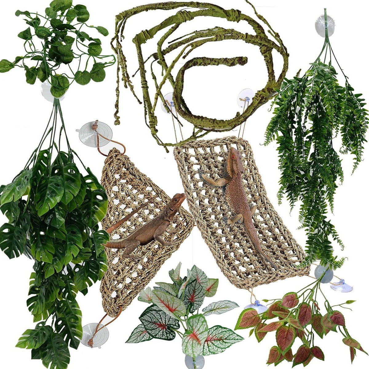 Reptile Plants for Bearded Dragon Tank Accessories, Terrarium Plant Artificial Decor for Snake