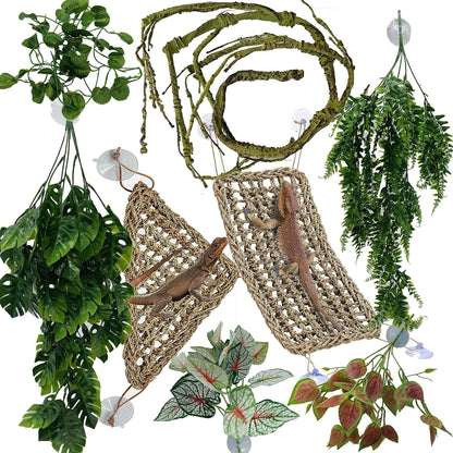 Reptile Plants for Bearded Dragon Tank Accessories, Terrarium Plant Artificial Decor for Snake
