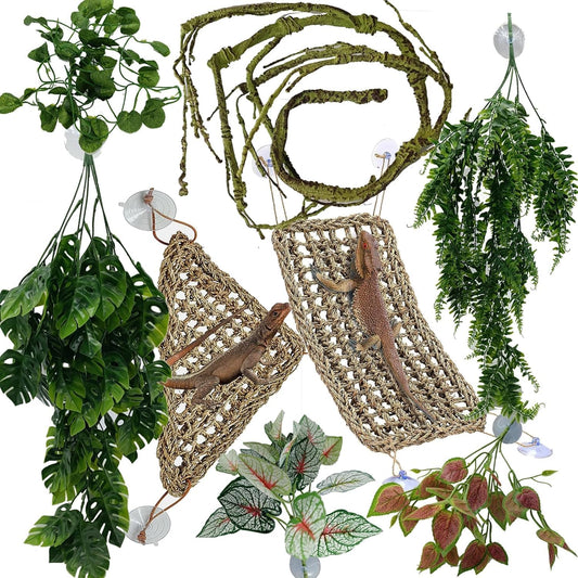 Reptile Plants for Bearded Dragon Tank Accessories, Terrarium Plant Artificial Decor for Snake