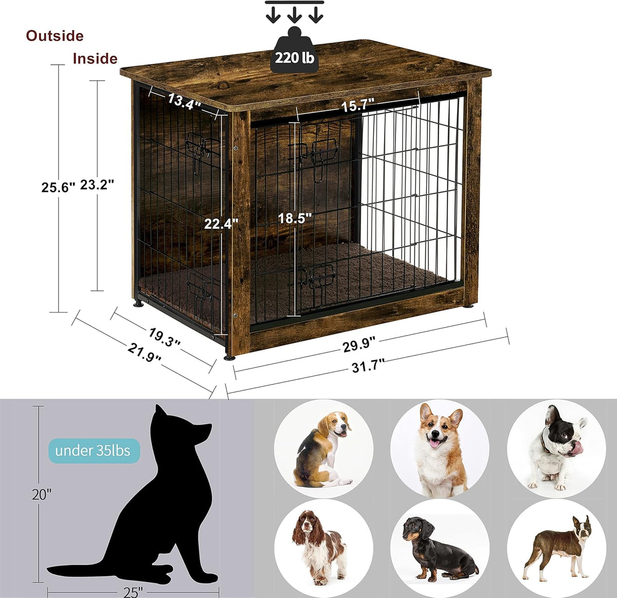 DWANTON Dog Crate Furniture with Cushion, Wooden Kennel Table with Double Doors, Indoor Dog House