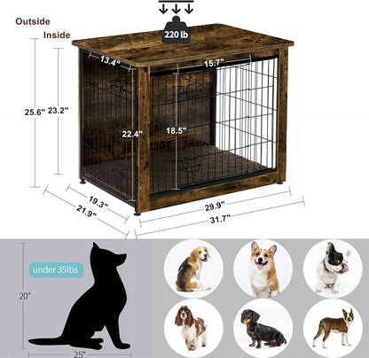 DWANTON Dog Crate Furniture with Cushion, Wooden Kennel Table with Double Doors, Indoor Dog House