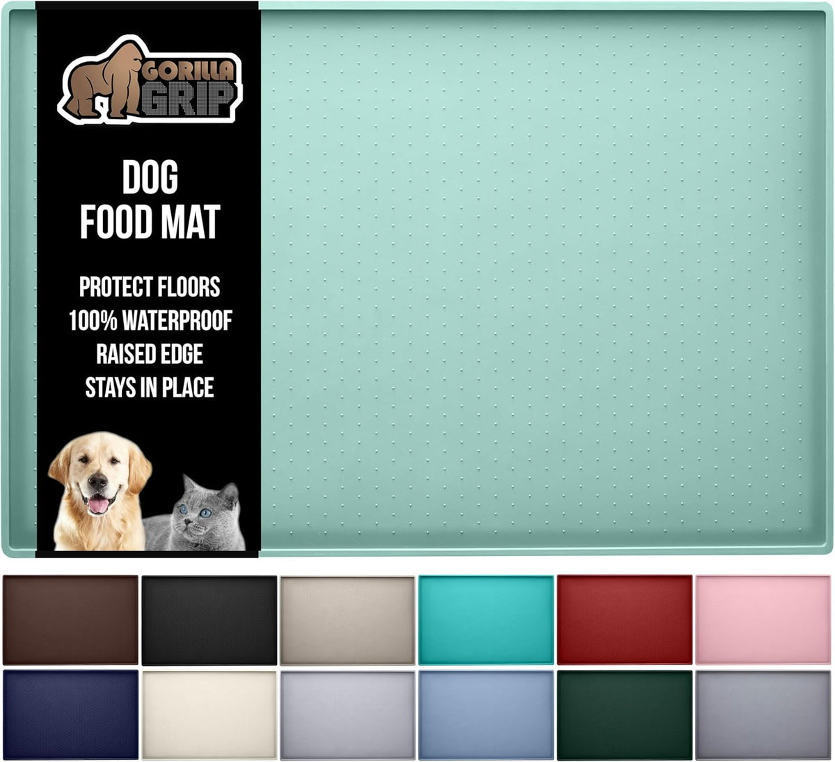 GORILLA GRIP 100% Waterproof Raised Edge BPA Free Silicone Pet Feeding Mat, Dog Cat Food Mats