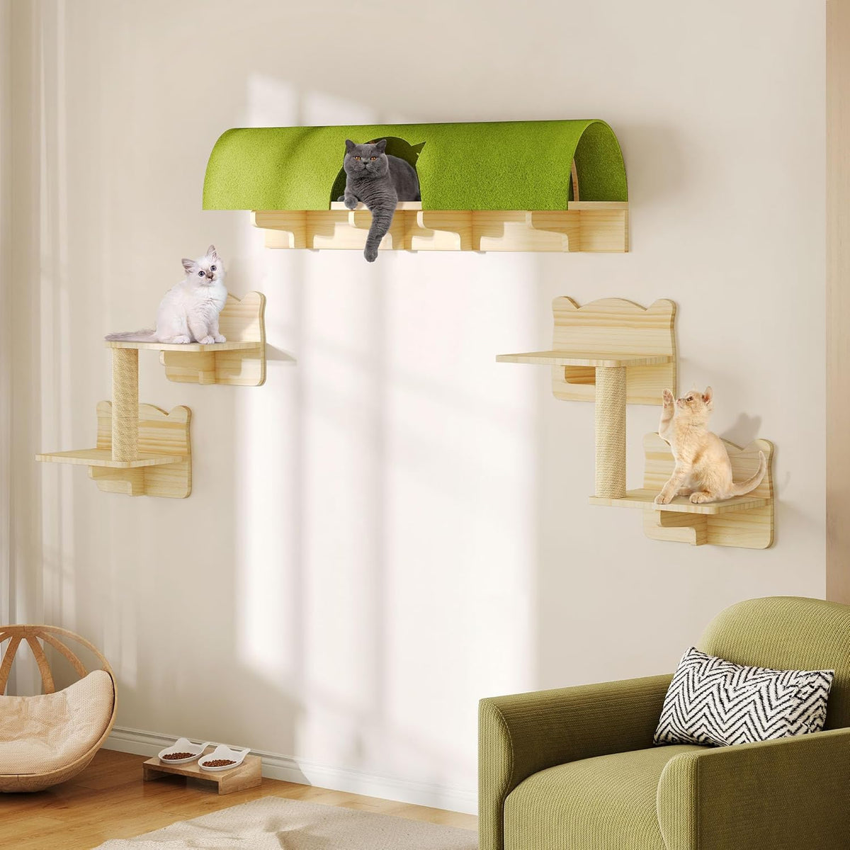 Cat Wall Shelves and Perches, Solid Wood Wall Cat Furniture, Set of 7 Feline Climbing Shelves with