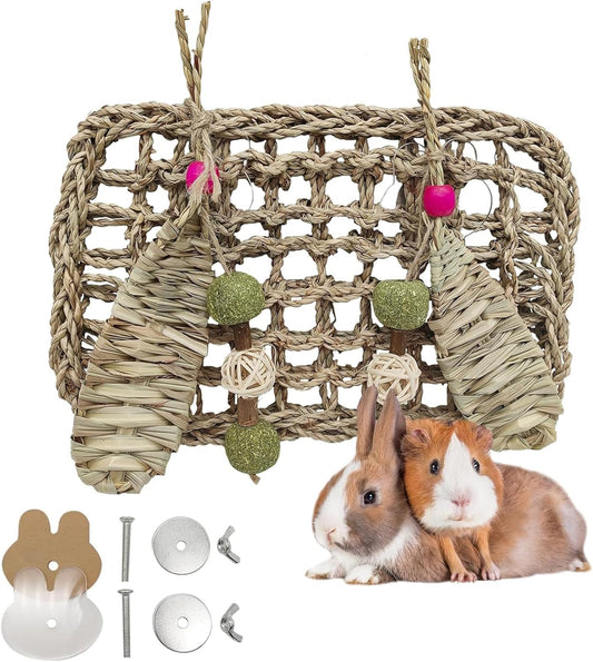 Hamiledyi Rabbit Seagrass Mat Hanging Bunny Chew Toys for Teeth Rabbit Enrichment Activity Mat