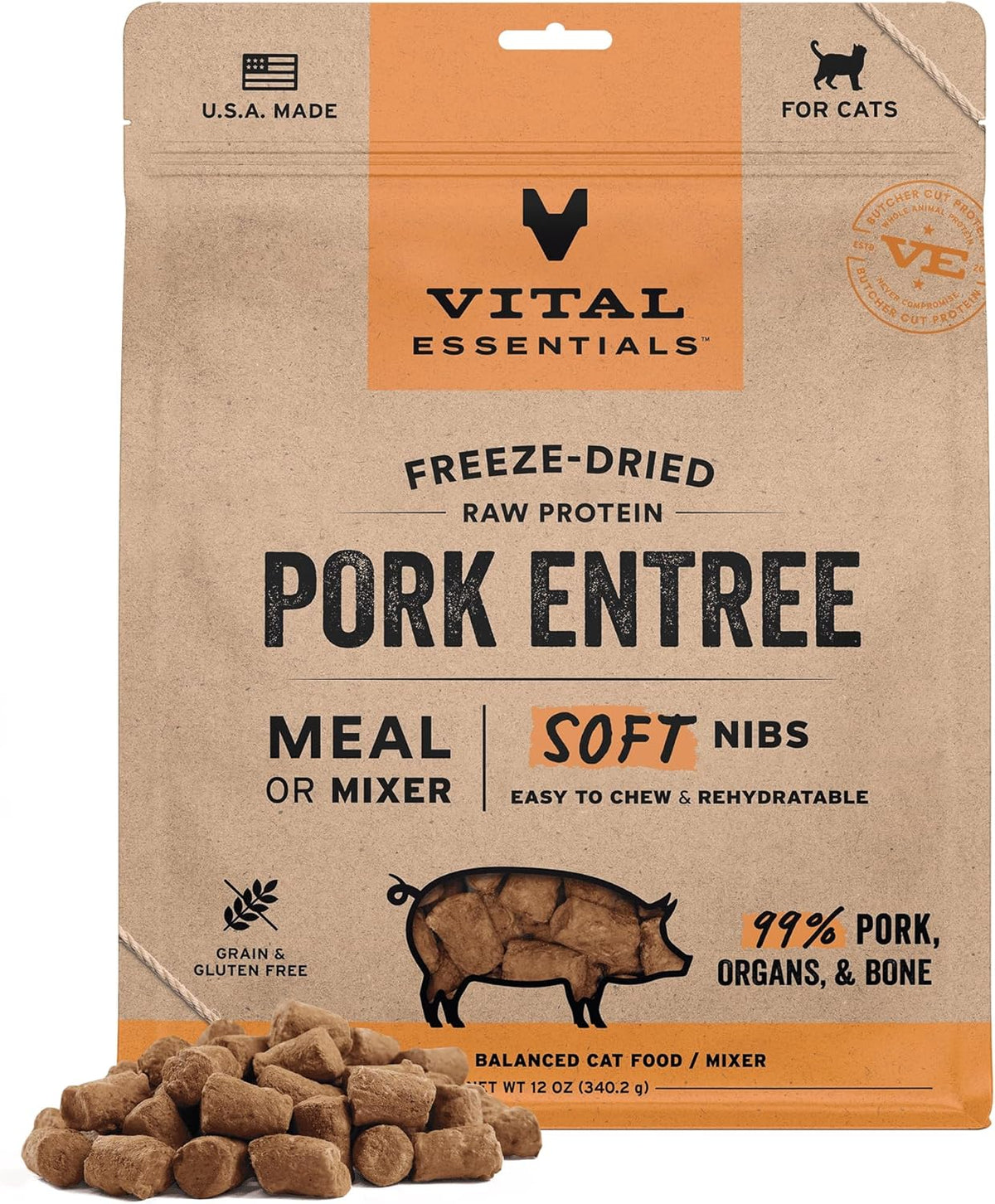 Vital Essentials Freeze-Dried Raw Pork Meal or Mixer Cat Food Soft Nibs | 99% Pork, Organs & Bone |