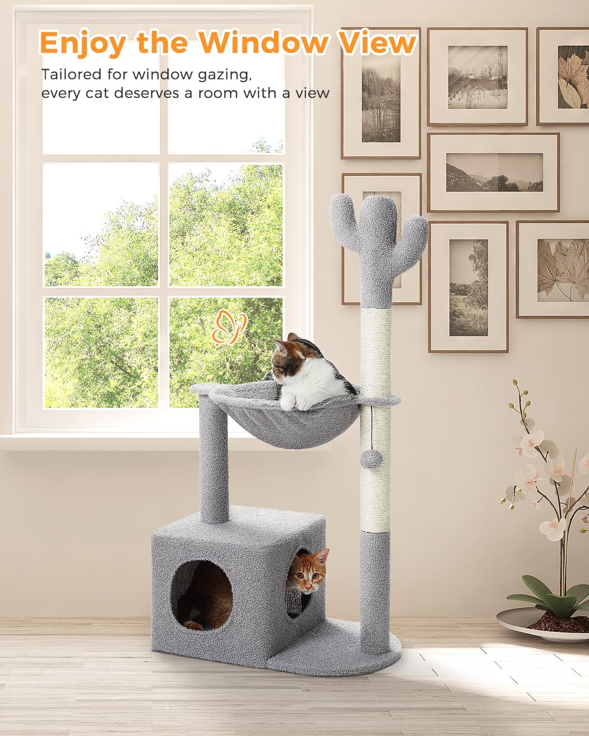 Cactus Cat Tree Cat Scratching Post 40" Cat Tower with Large Metal Carpet Hammock, Cat Scratching